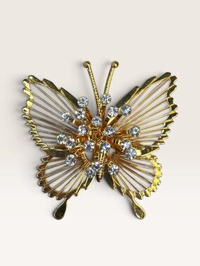 Monet Vintage 1970s Gold Tone Openwork Wire Butterfly Clear Rhinestone Brooch 1.